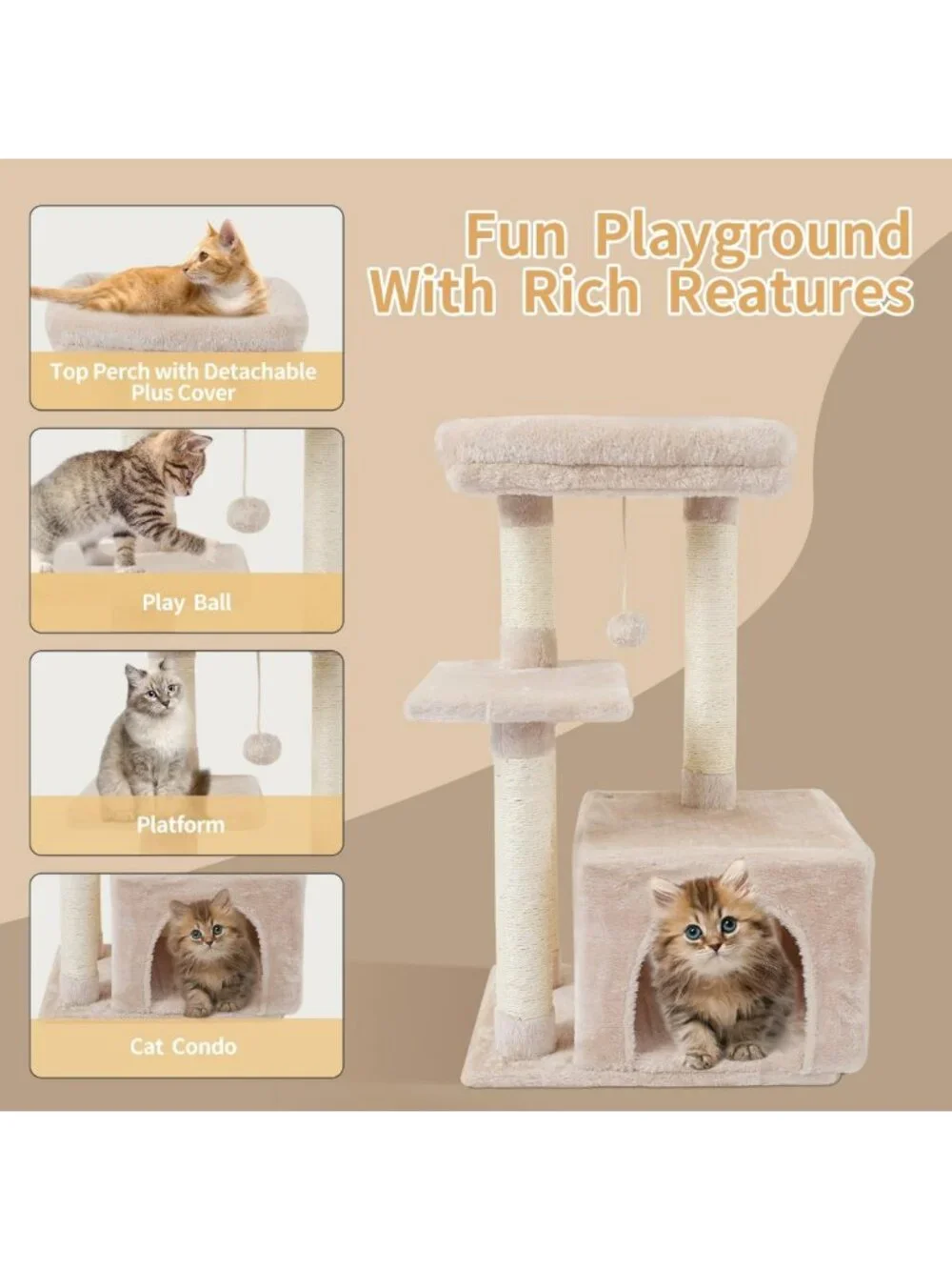 Adorable Cat Tree Condo with Scratching Posts & Jump Platform - Indoor Activity